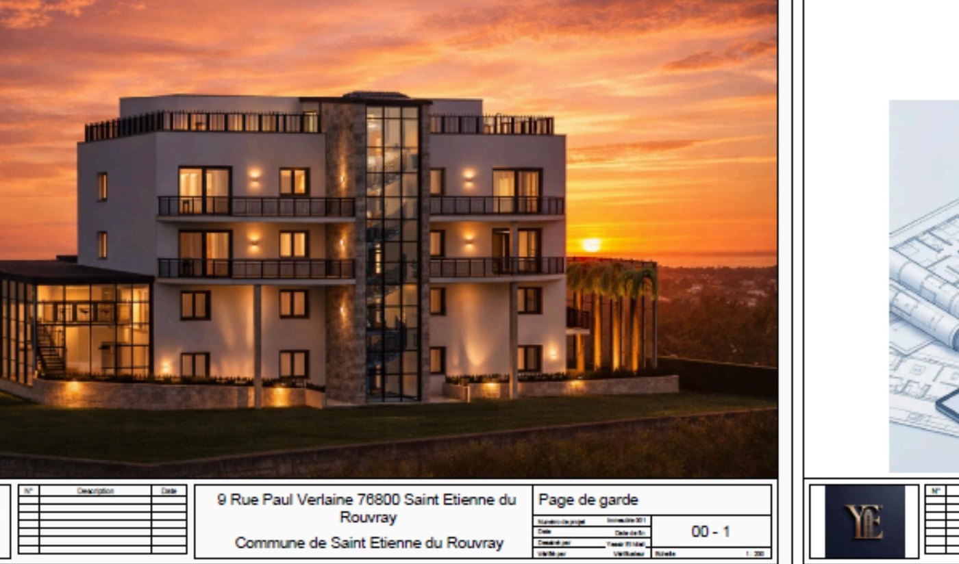 Rendu nocturne du bâtiment réhabilité avec son escalier vitré