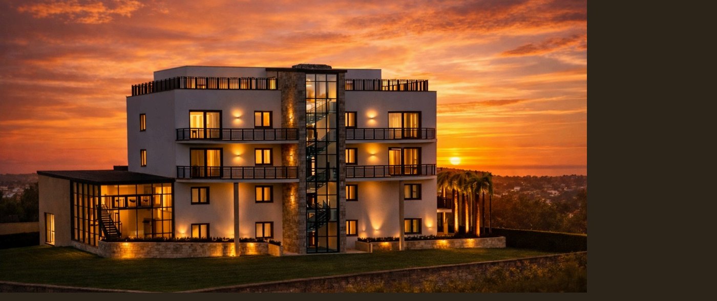 Bâtiment réhabilité au coucher du soleil, escalier de secours vitré et façades éclairées