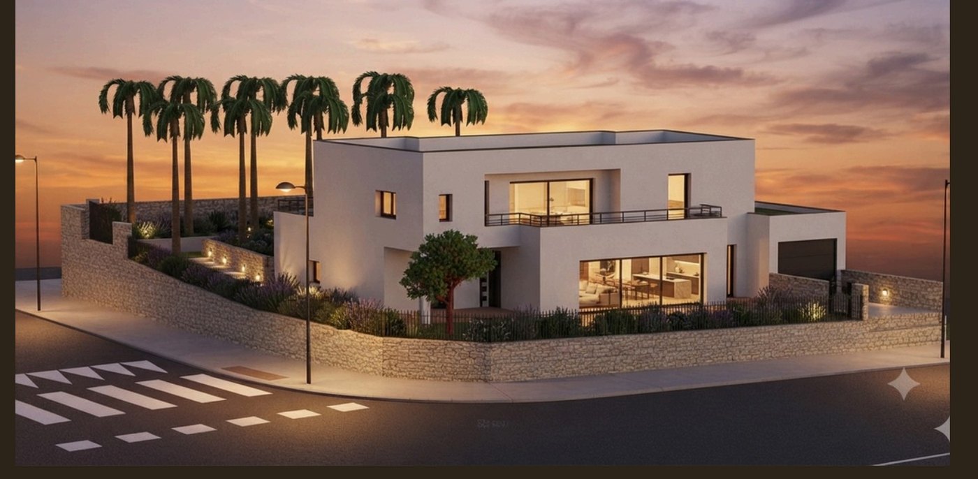 Rendu au coucher du soleil de la villa contemporaine de Jacou, toit plat et palmiers